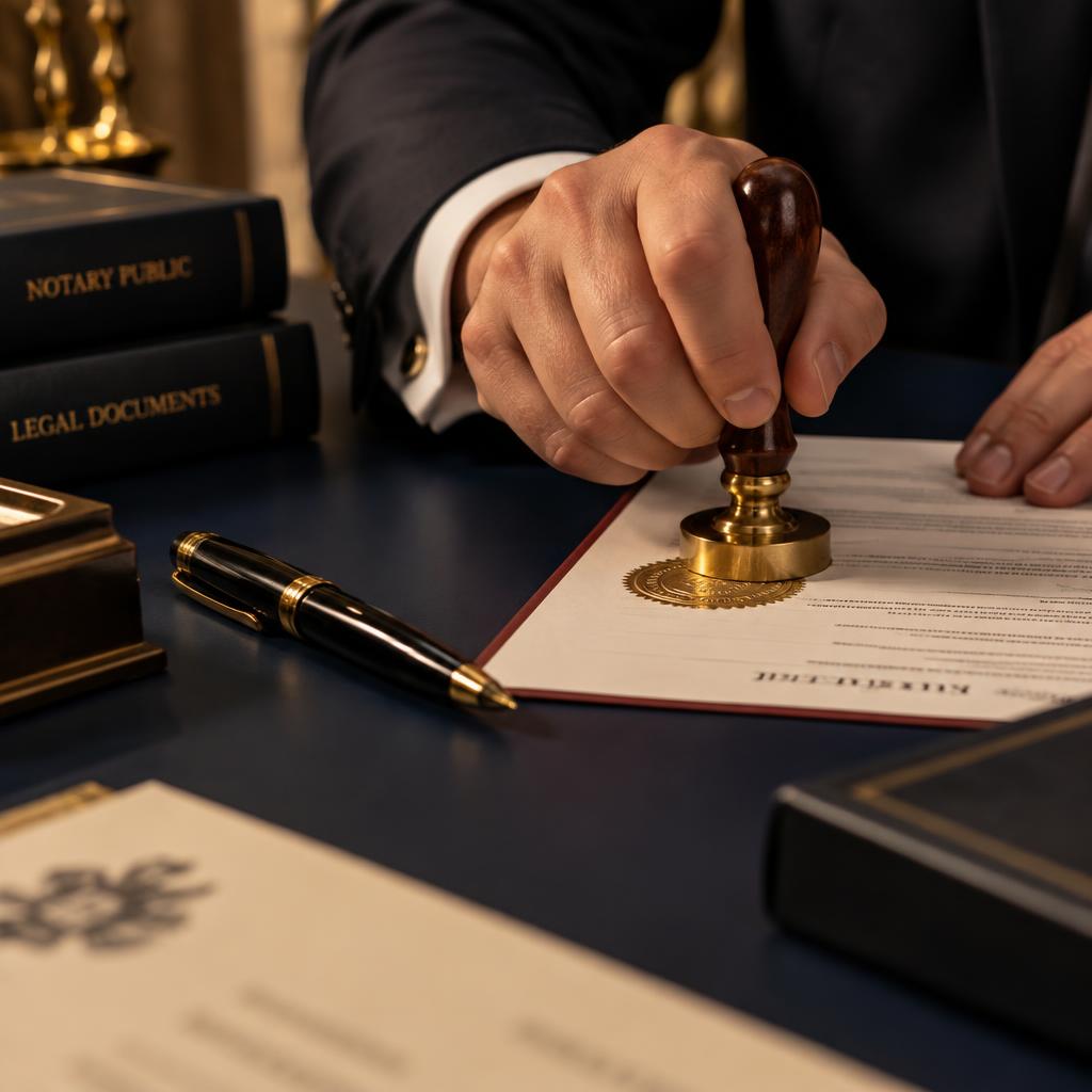 Notary pressing an embossed gold seal onto a legal document
